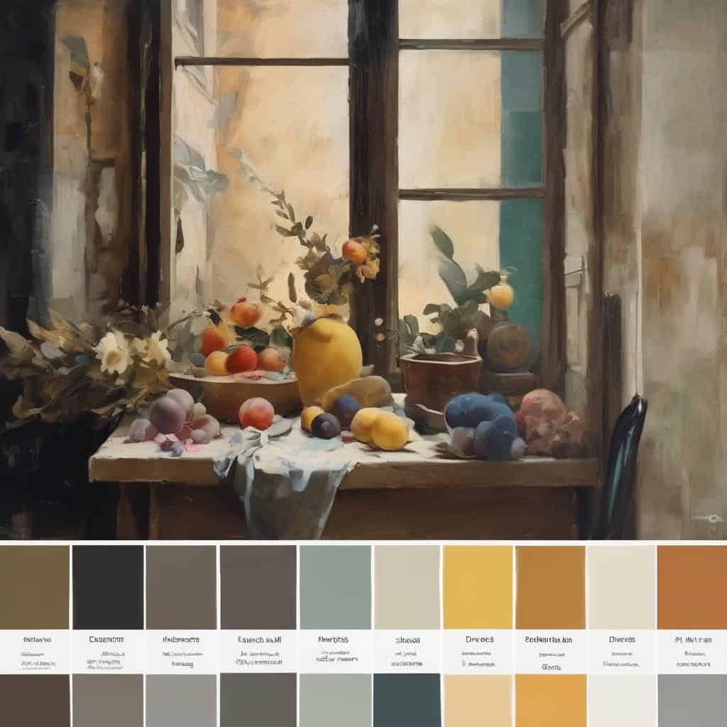 Άνθος και φρούτα σε παλιό ξύλινο τραπέζι με φωτισμό από παράθυρο, εκφράζοντας καλλιτεχνική έκφραση και ταυτότητα.